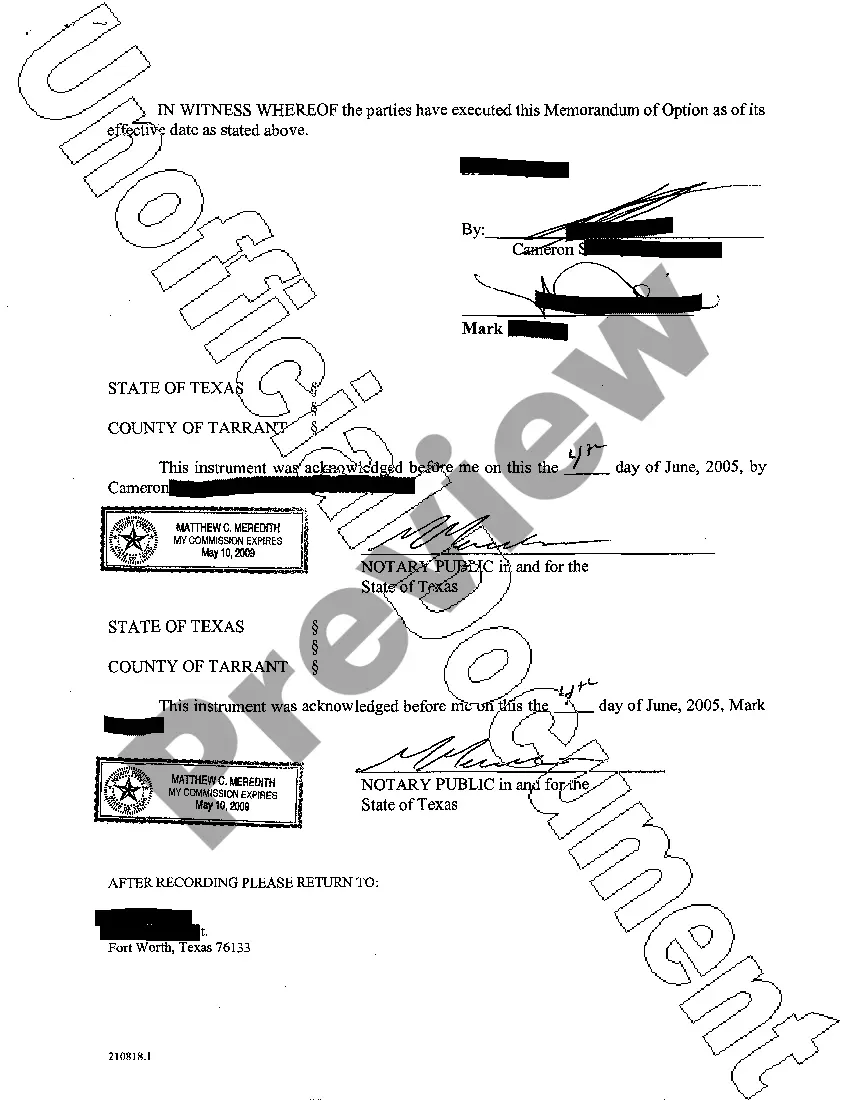 Preview Memorandum of Option to Purchase
