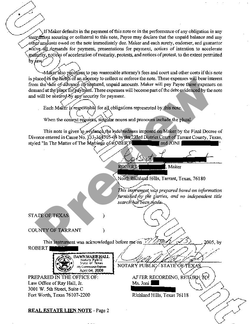 Texas Real Estate Lien Note Real Estate Lien Note US Legal Forms