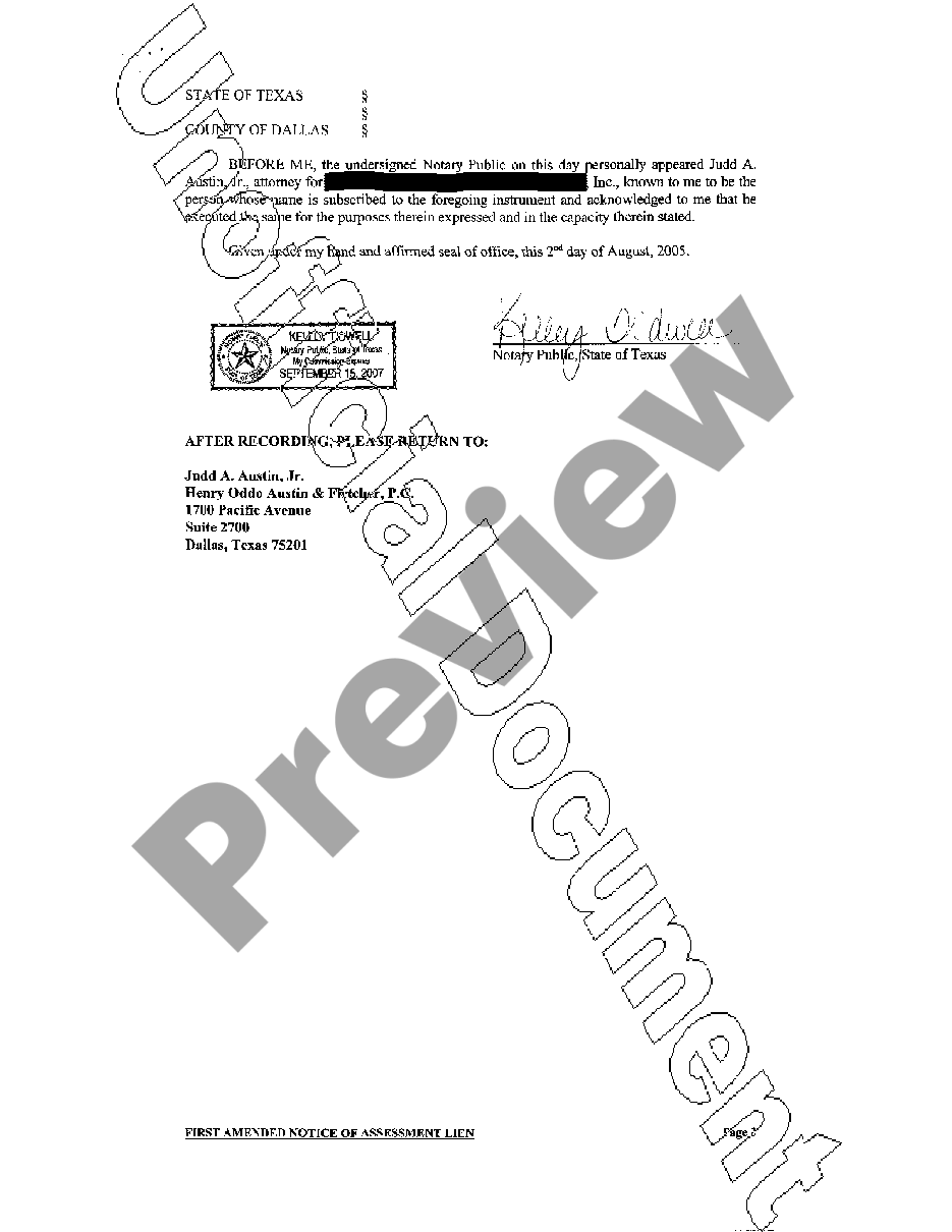 Texas First Amended Notice of Assessment Lien | US Legal Forms