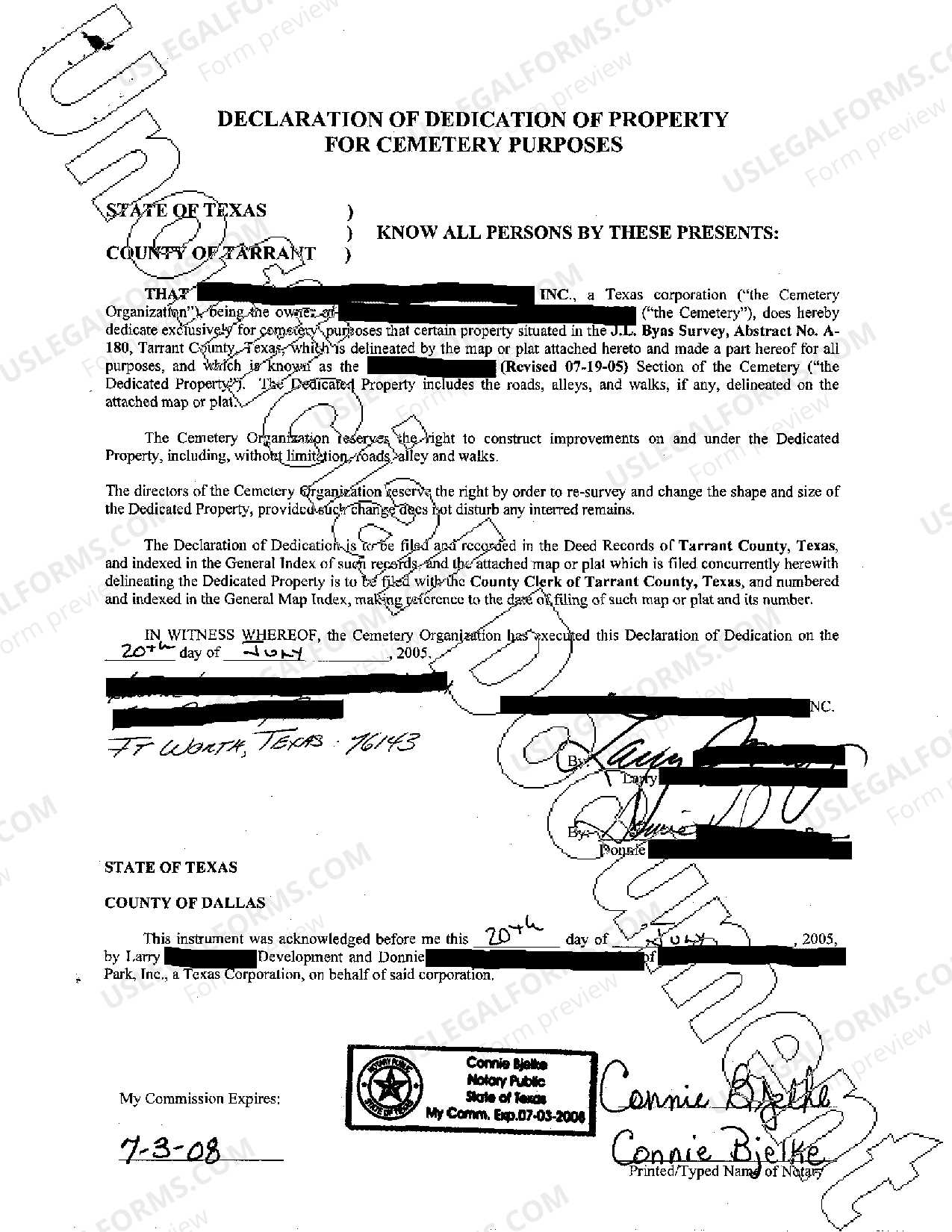 Austin Texas Declaration of Dedication of Property for Cemetery