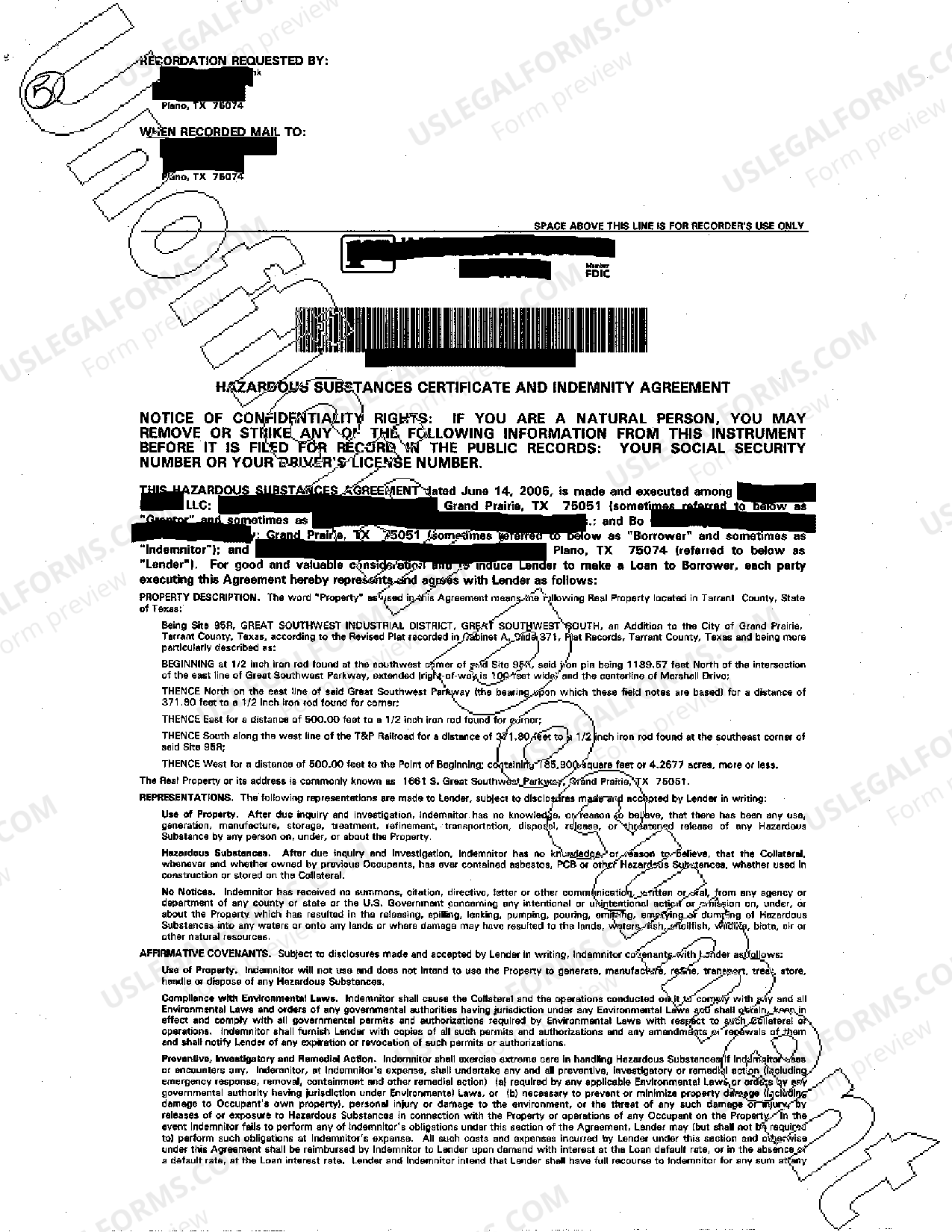 Texas Hazardous Substances Certificate and Indemnity Agreement
