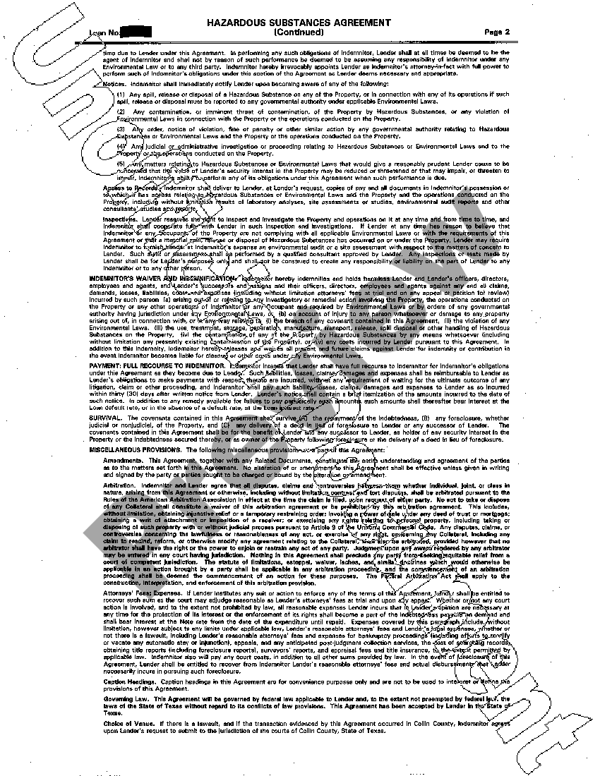 Corpus Christi Texas Hazardous Substances Certificate and Indemnity