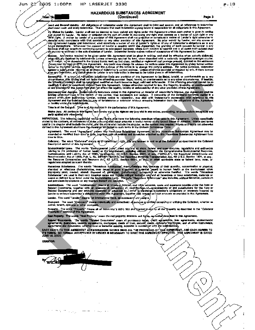Texas Hazardous Substances Certificate and Indemnity Agreement