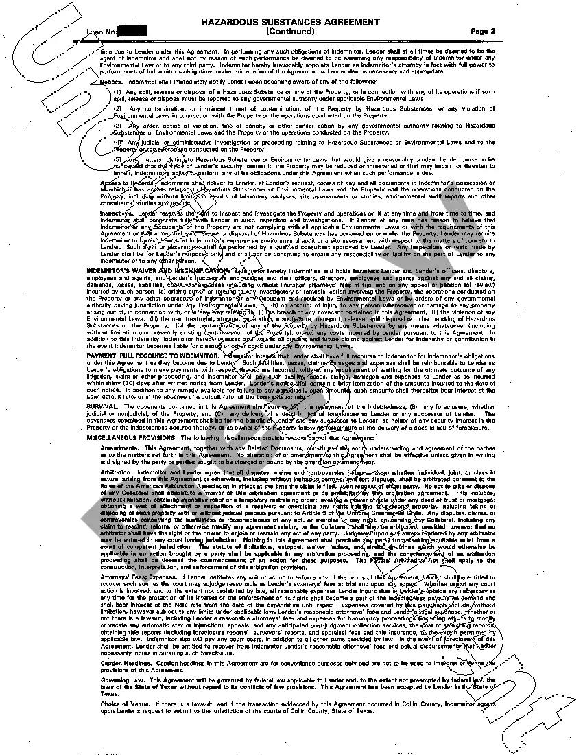 Preview Hazardous Substances Certificate and Indemnity Agreement