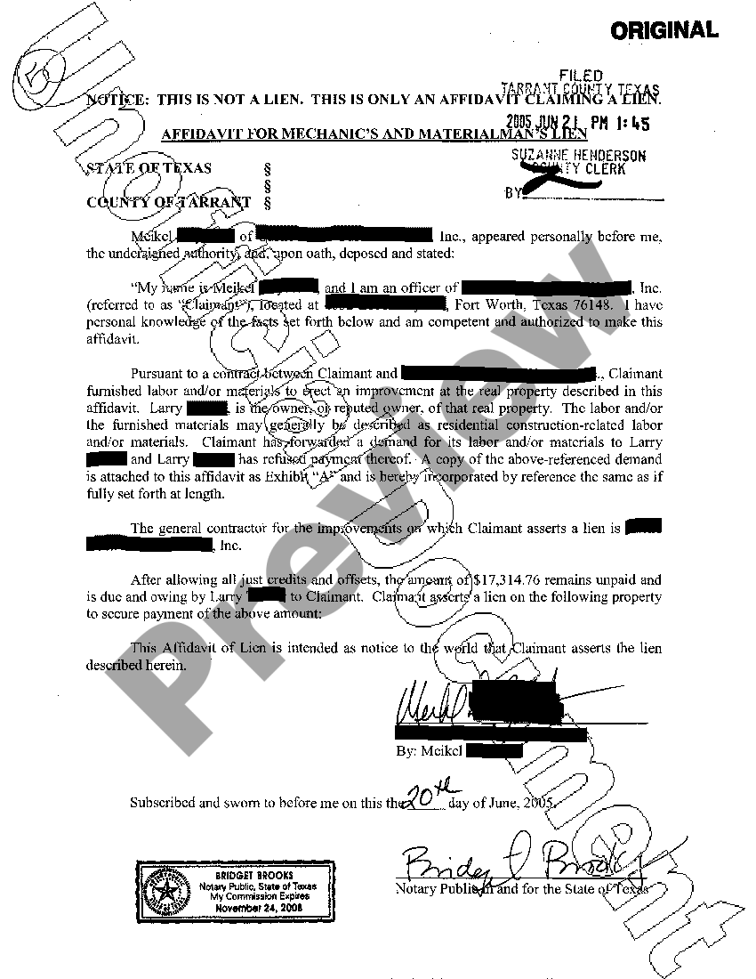 Texas Mechanics Lien Form US Legal Forms