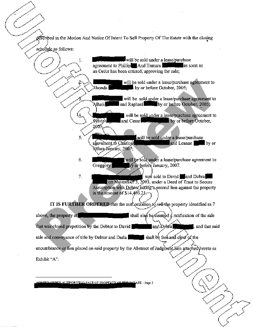 Preview Agreed Order Authorizing Sale of Property of the Estate