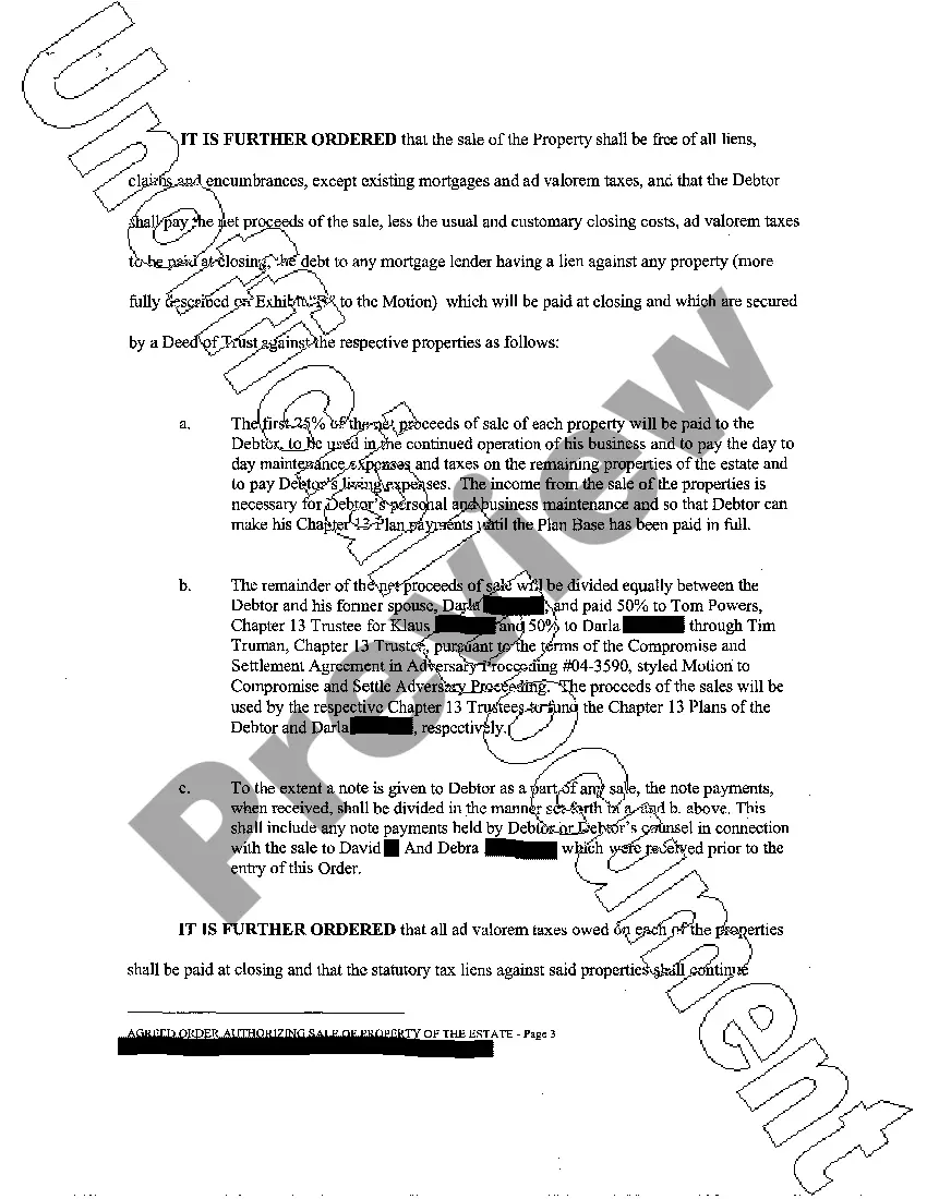 Preview Agreed Order Authorizing Sale of Property of the Estate