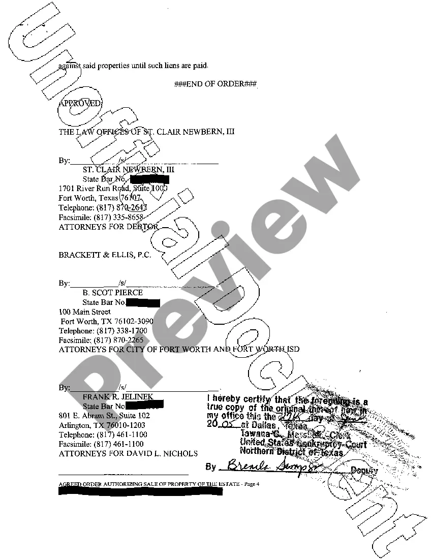 Preview Agreed Order Authorizing Sale of Property of the Estate