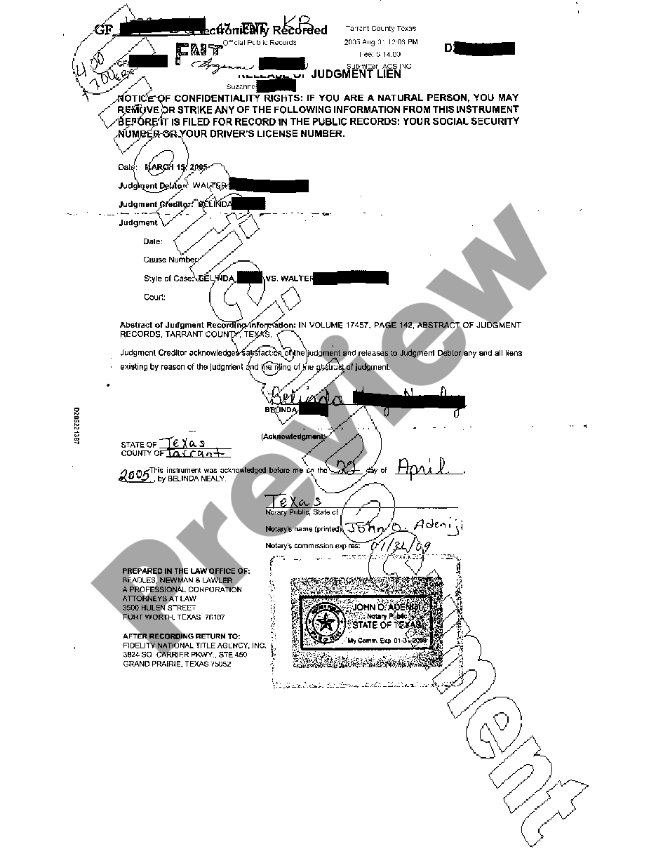 Texas Release of Judgment Lien - Release Of Judgment Texas | US Legal Forms