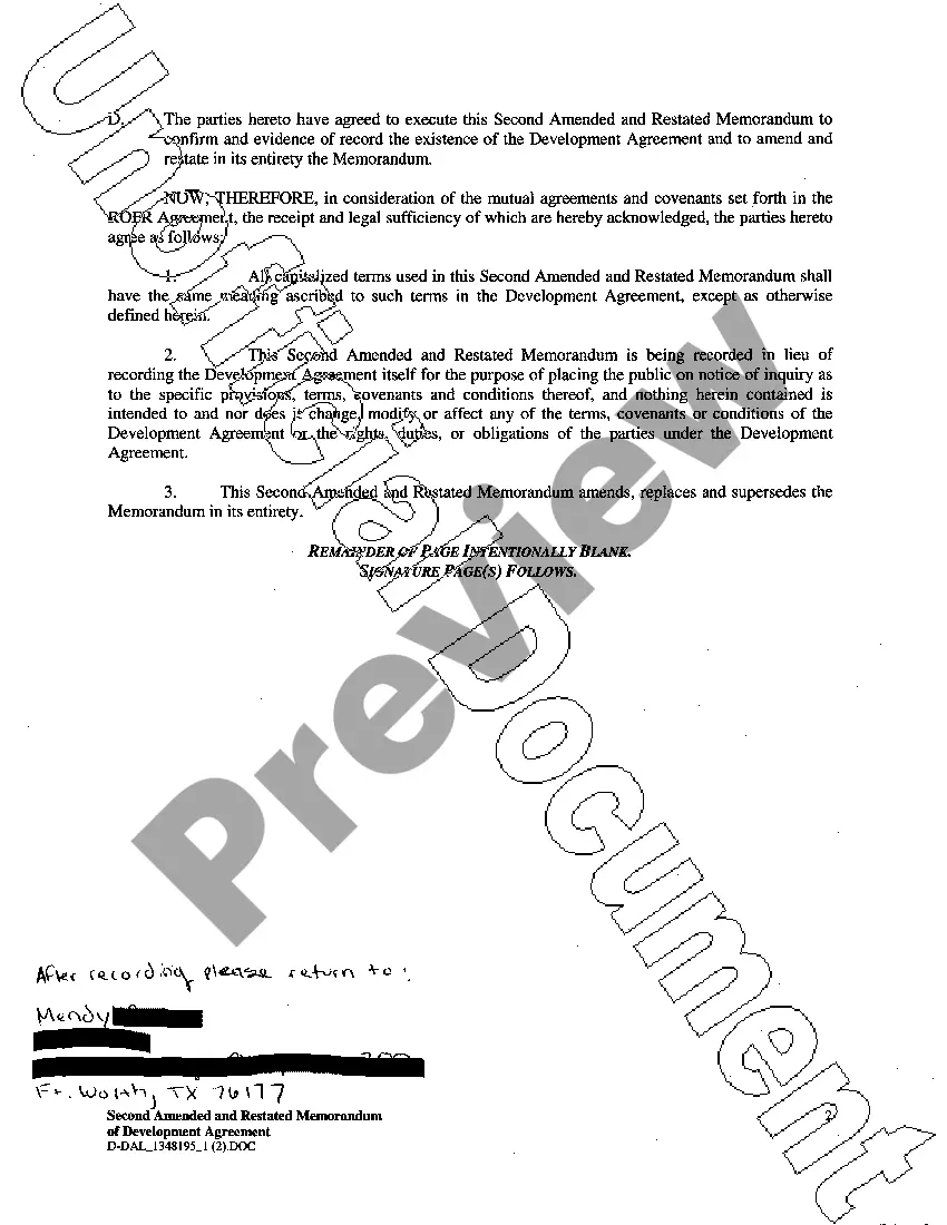 Get Second Amended and Restated Memorandum of Development Agreement Preview Second Amended and Restated Memorandum of Development Agreement