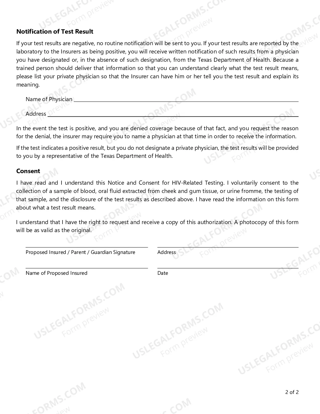 Preview Notice and Consent for HIV-Related Testing