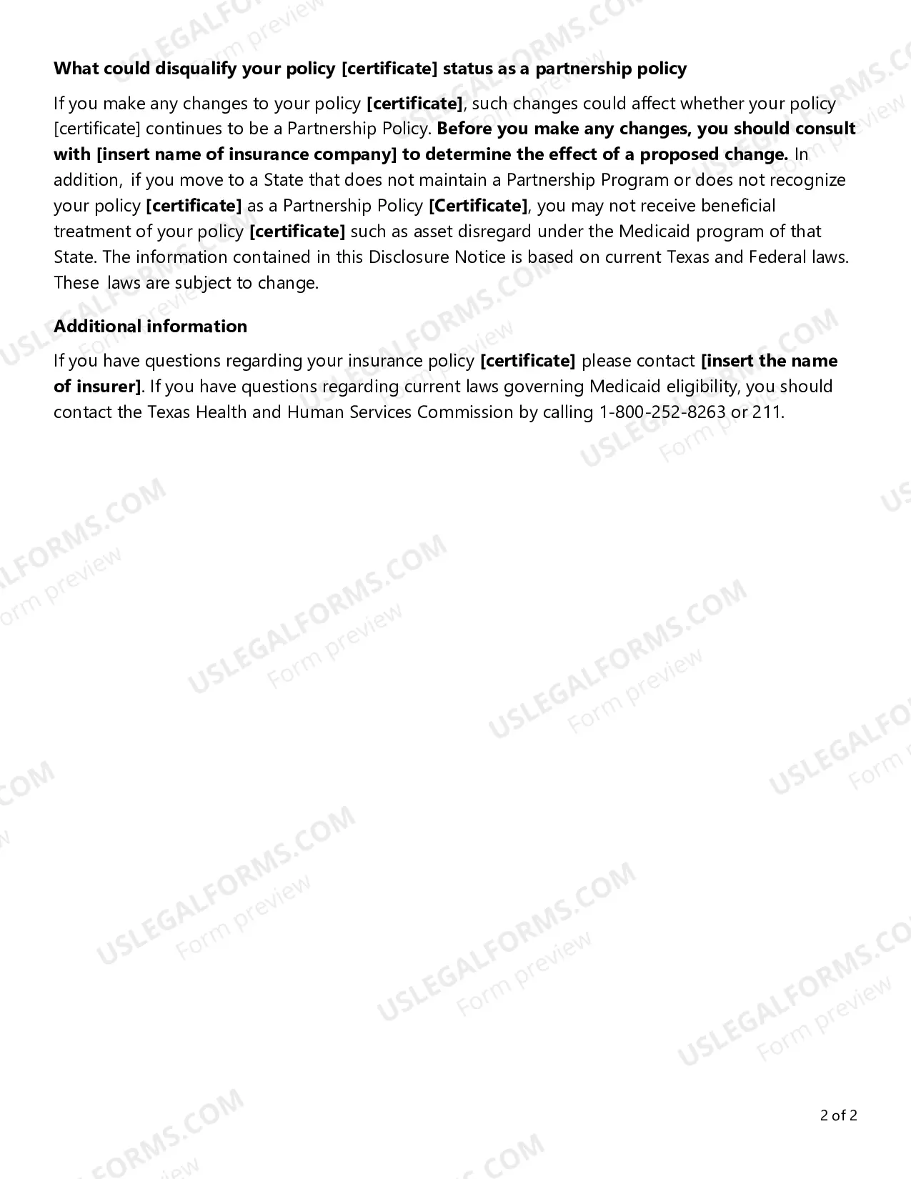 Preview Partnership Status Disclosure Notice for Long-Term Care Partnership Policies/Certificates