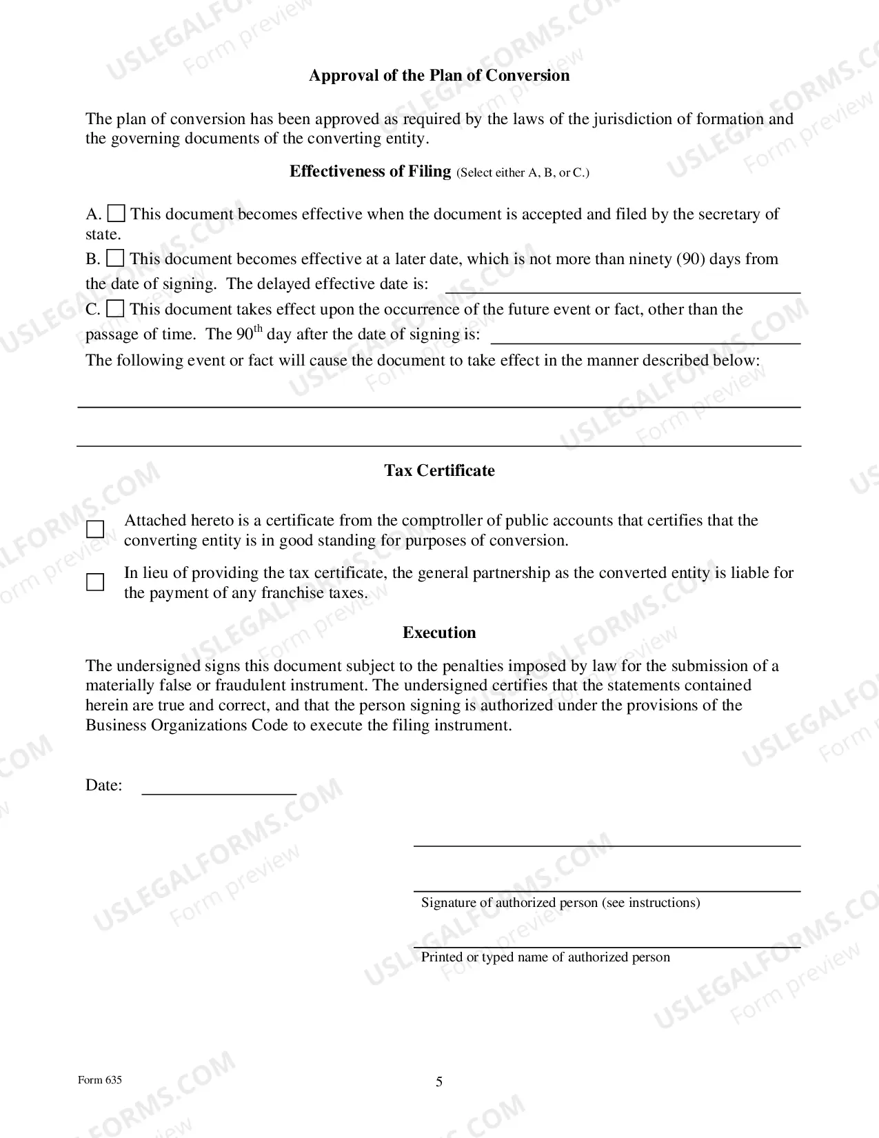 Preview Certificate of Conversion Of A LLC Converting To A General Partnership