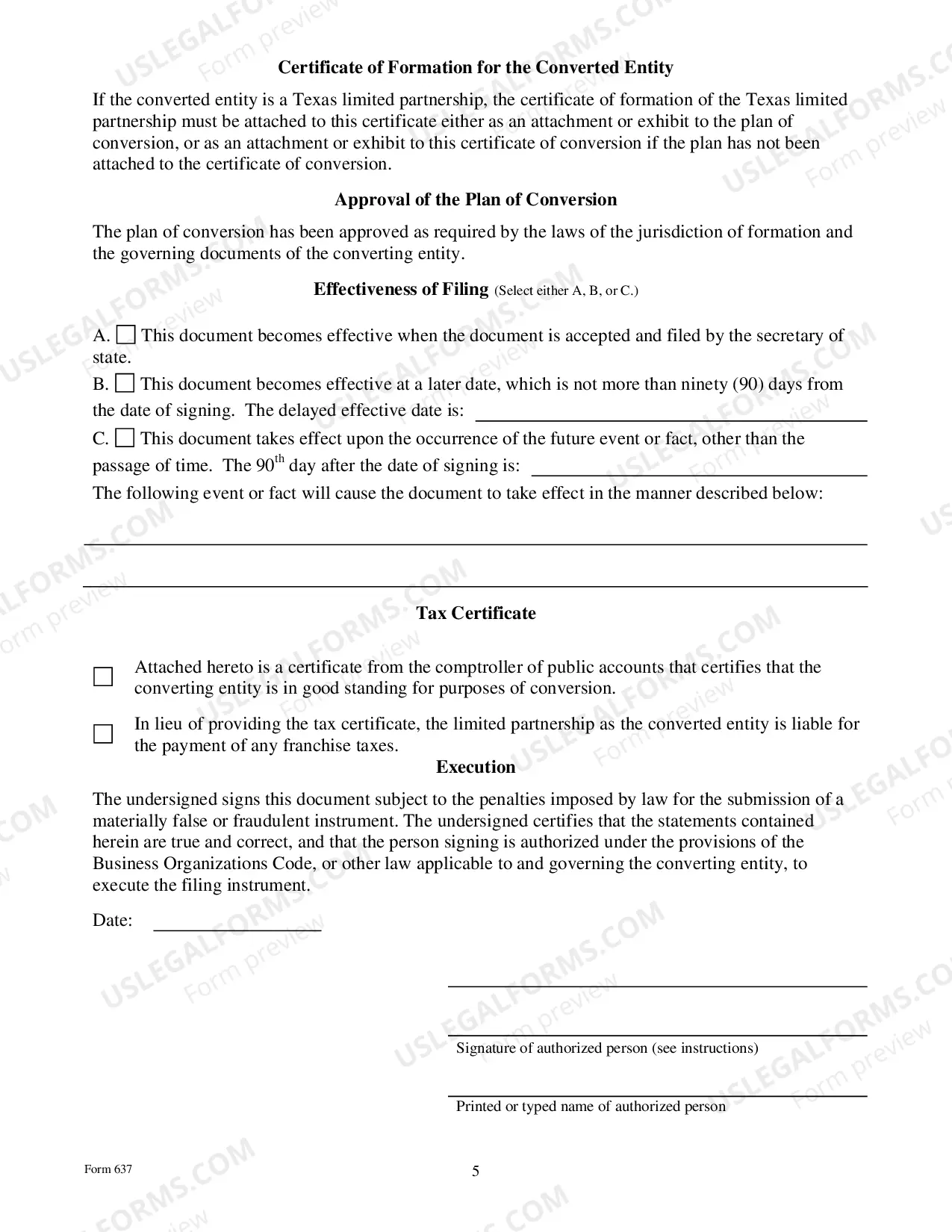 Preview Certificate of Conversion Of A LLC Converting To A LP