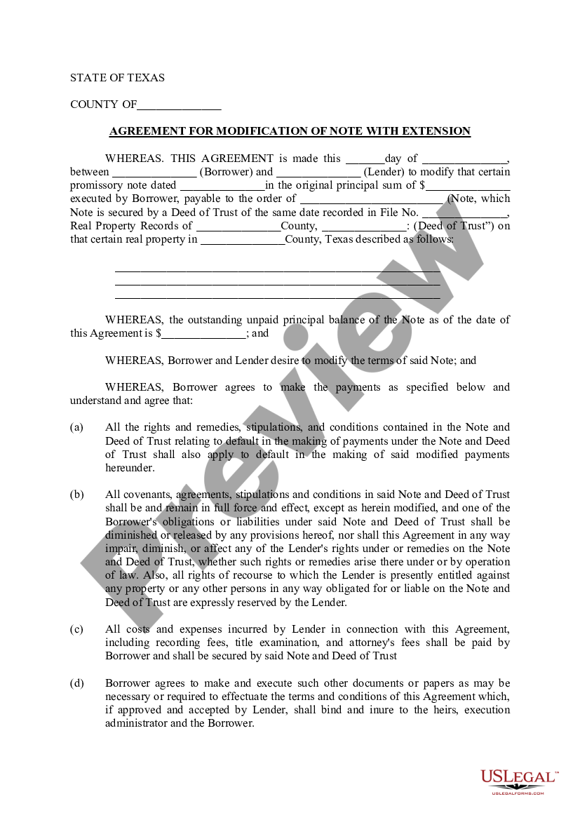 Houston Texas Agreement For Modification Of Note With Extension | US ...