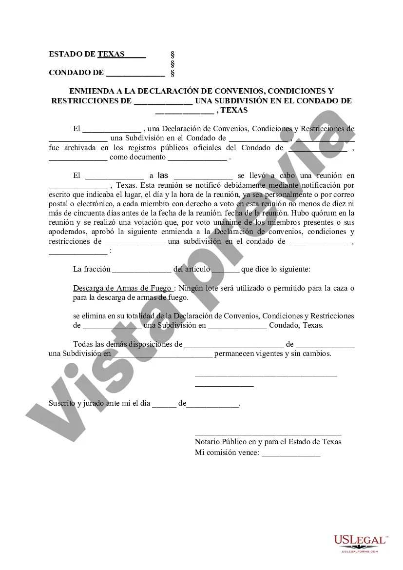 Preview Enmienda a la Declaración de Convenios, Condiciones y Restricciones de _____ Una Subdivisión en el Condado de _____, Texas