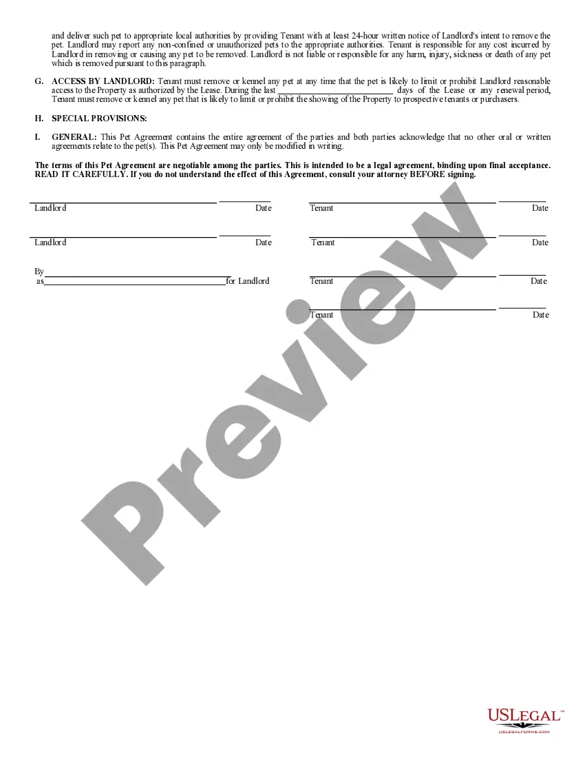 Preview Pet Agreement for Tenants in a Lease