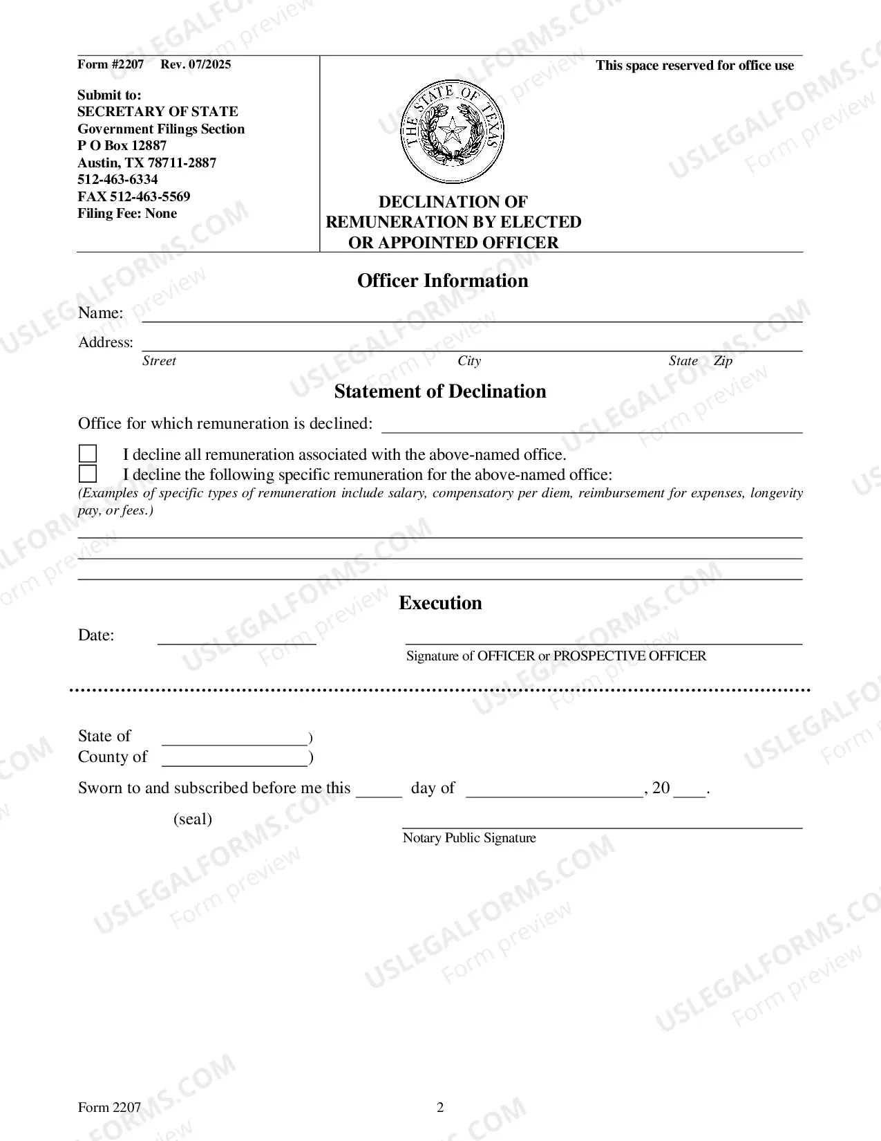 Preview Declination of Remuneration By Elected Or Appointed Officer