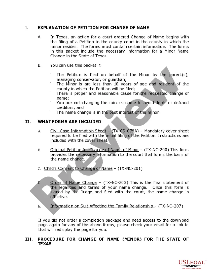 Preview Texas Name Change Instructions and Forms Package for a Minor - Both Parents Agree to File Together