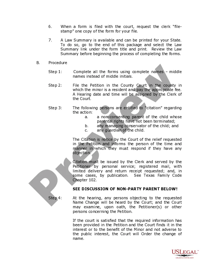Get Texas Name Change Instructions and Forms Package for a Minor - One Parent Filing - Other Parent Will Be Served Preview Texas Name Change Instructions and Forms Package for a Minor - One Parent Filing - Other Parent Will Be Served