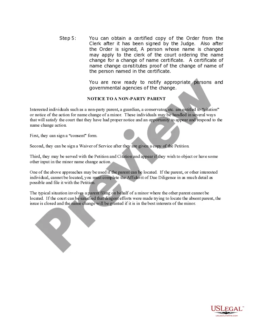 Get Texas Name Change Instructions and Forms Package for a Minor - One Parent Filing - Other Parent Will Be Served Preview Texas Name Change Instructions and Forms Package for a Minor - One Parent Filing - Other Parent Will Be Served