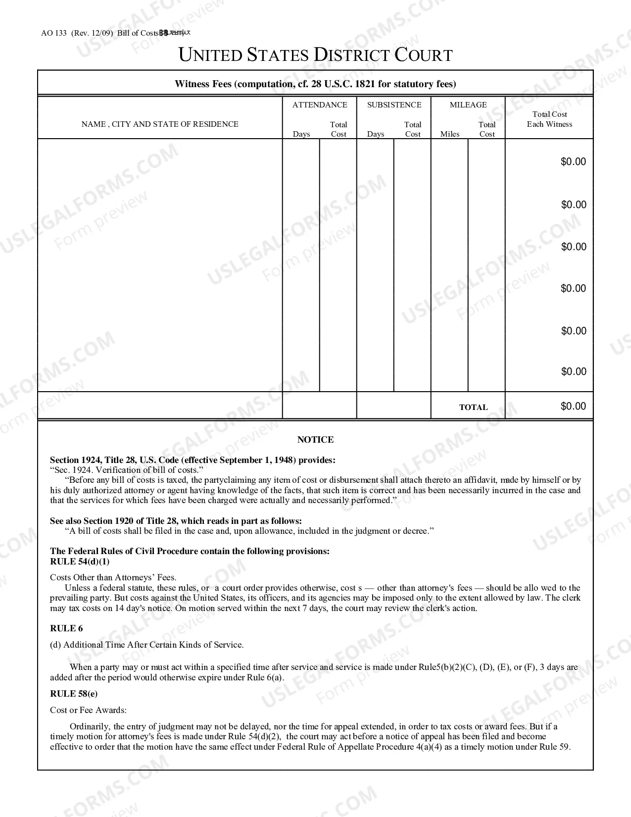 Preview Bill of Costs