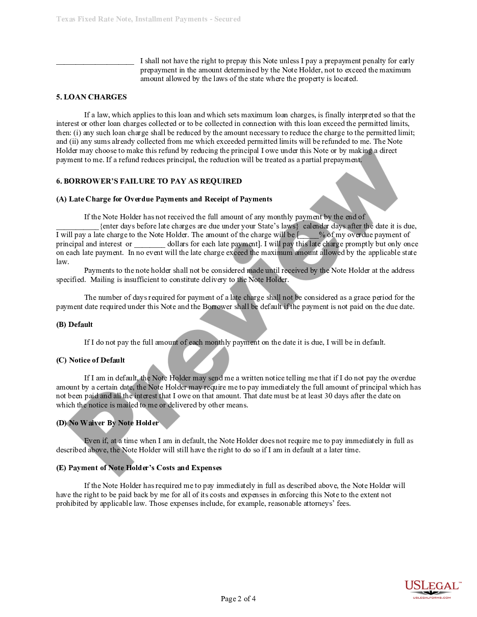 page 1 Texas Installments Fixed Rate Promissory Note Secured by Residential Real Estate preview