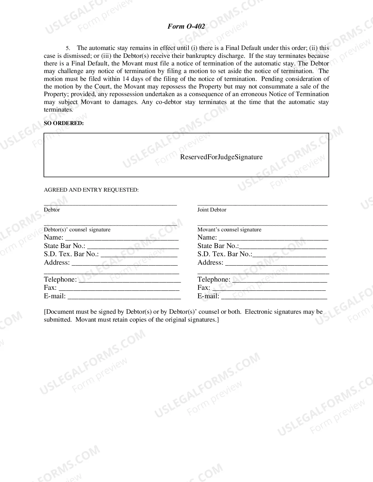Preview Chapter 13 Agreed Order Conditioning Automatic Stay (Vehicle Insurance) (Houston)
