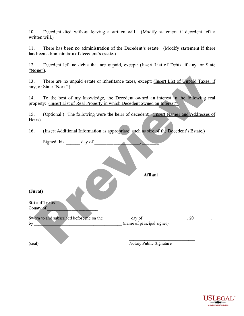 Travis Texas Affidavit Of Facts Concerning The Identity Of Heirs Affidavit Of Fact Texas Us 2793