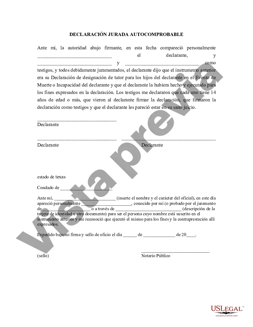 Get Declaración legal de designación de tutor para mi hijo en caso de mi muerte o incapacidad Preview Declaración legal de designación de tutor para mi hijo en caso de mi muerte o incapacidad