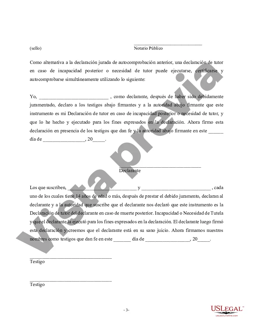 Get Declaración legal de tutor en caso de incapacidad posterior o necesidad de tutor Preview Declaración legal de tutor en caso de incapacidad posterior o necesidad de tutor
