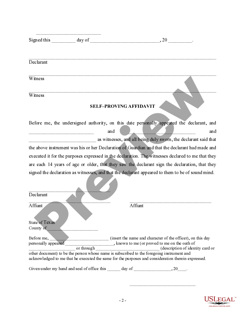 Texas Statutory Declaration of Guardian in the Event of Later