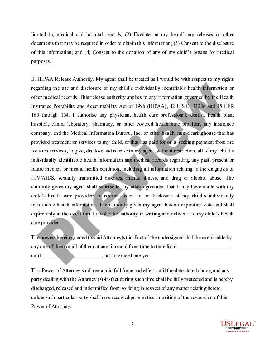 Texas General Power of Attorney for Care and Custody of Child or