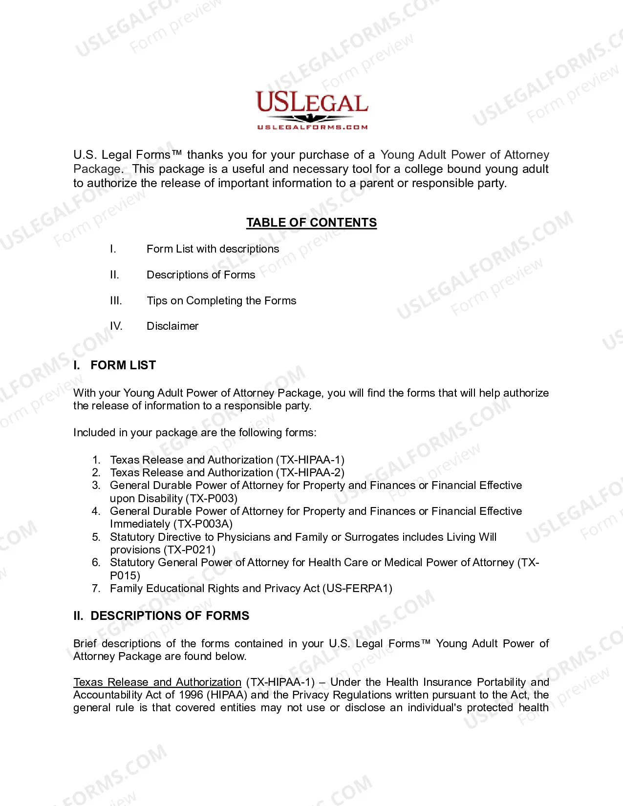 Preview Texas Young Adult Power of Attorney Package