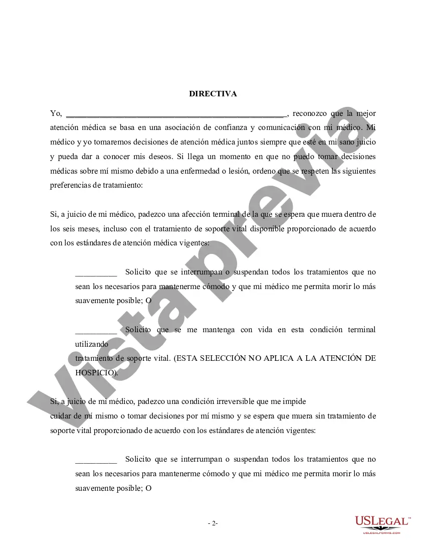 Preview La directiva legal para médicos y familiares o sustitutos incluye disposiciones de testamento en vida
