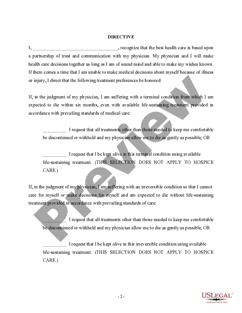 Preview Statutory Directive to Physicians and Family or Surrogates includes Living Will provisions