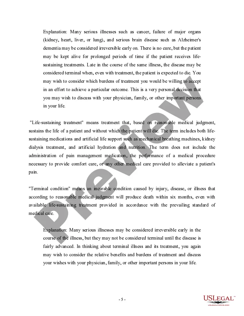 Preview Statutory Directive to Physicians and Family or Surrogates includes Living Will provisions