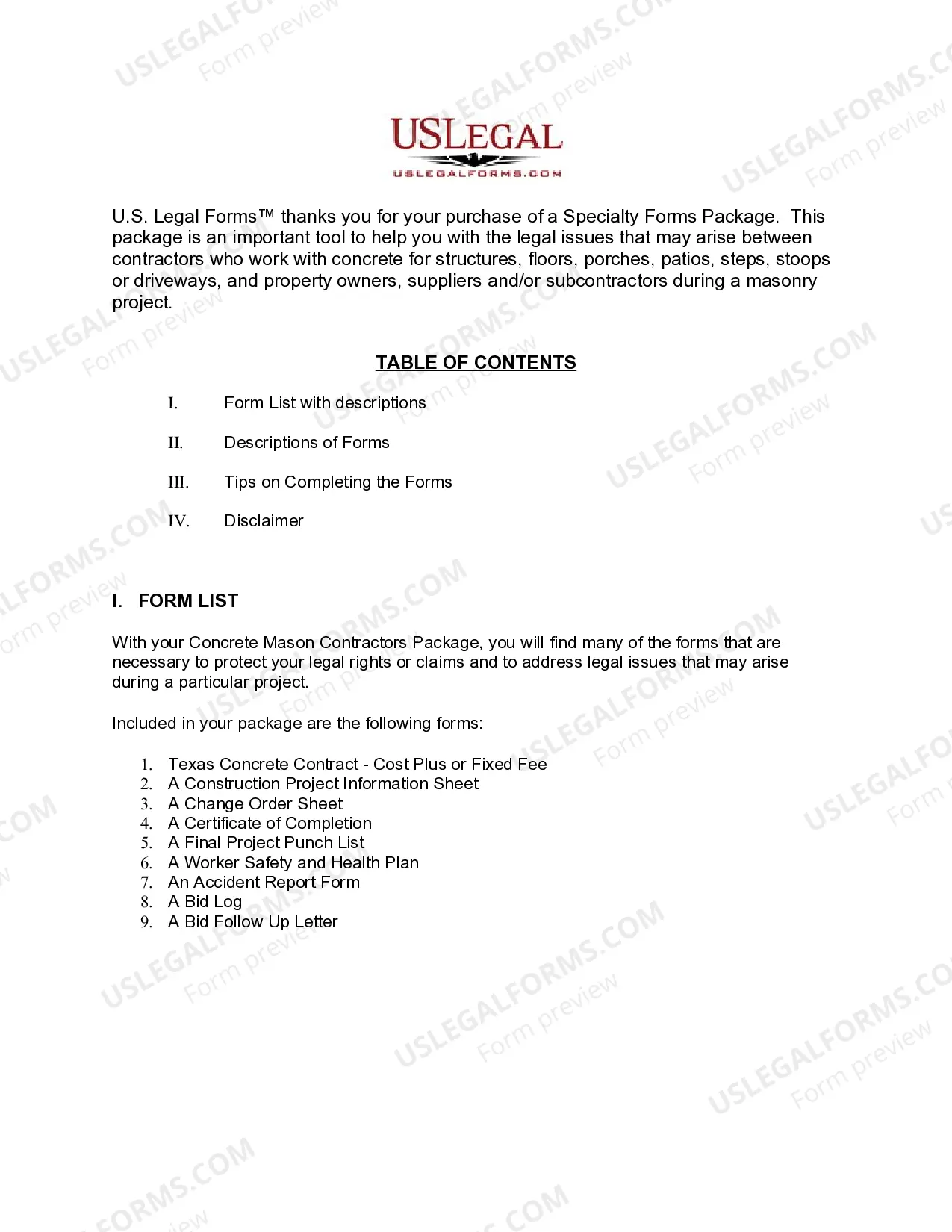 Preview Texas Concrete Mason Contractor Package