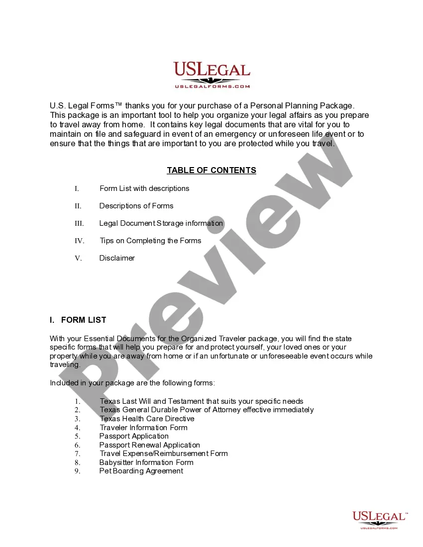 Preview Texas Essential Documents for the Organized Traveler Package