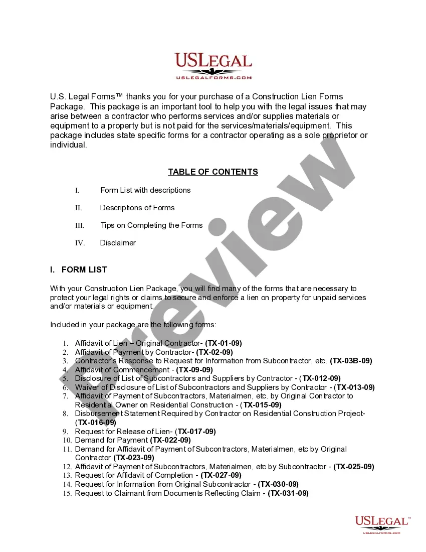 Get Texas Construction or Mechanics Lien Package - Individual Preview Texas Construction or Mechanics Lien Package - Individual