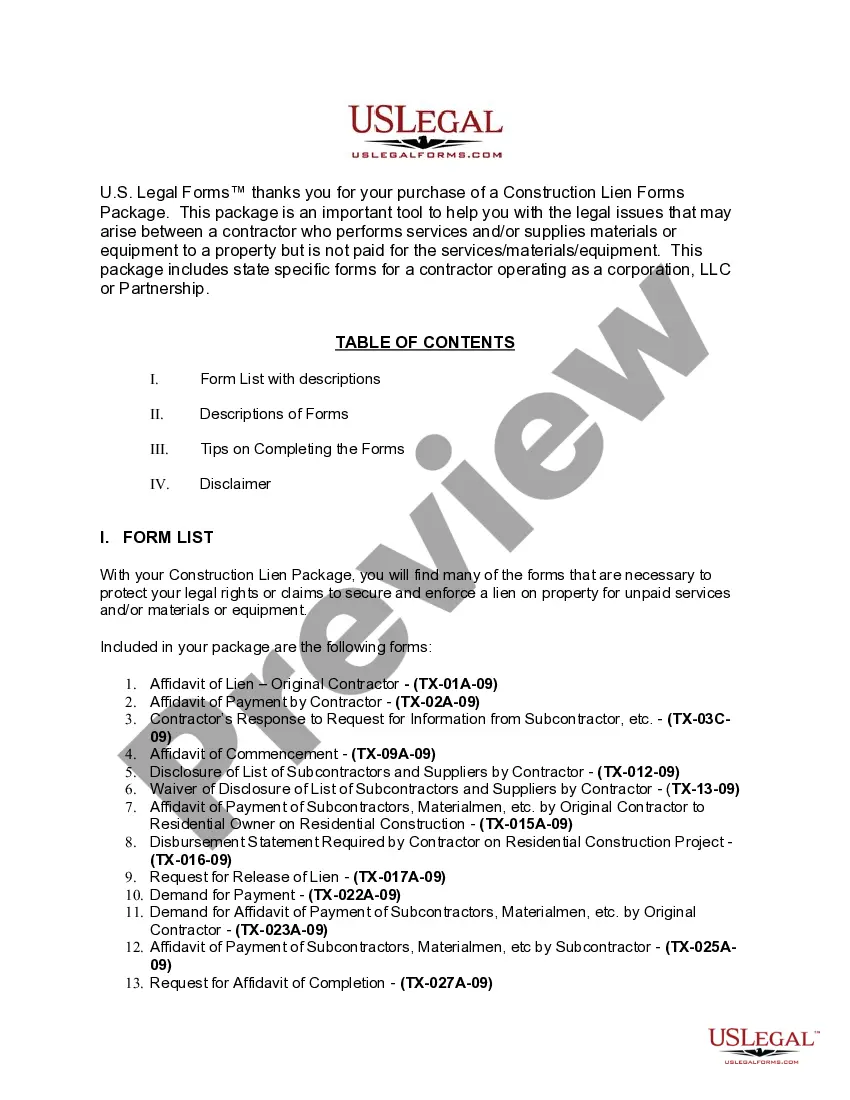 Preview Texas Construction or Mechanics Lien Package - Corporation or LLC