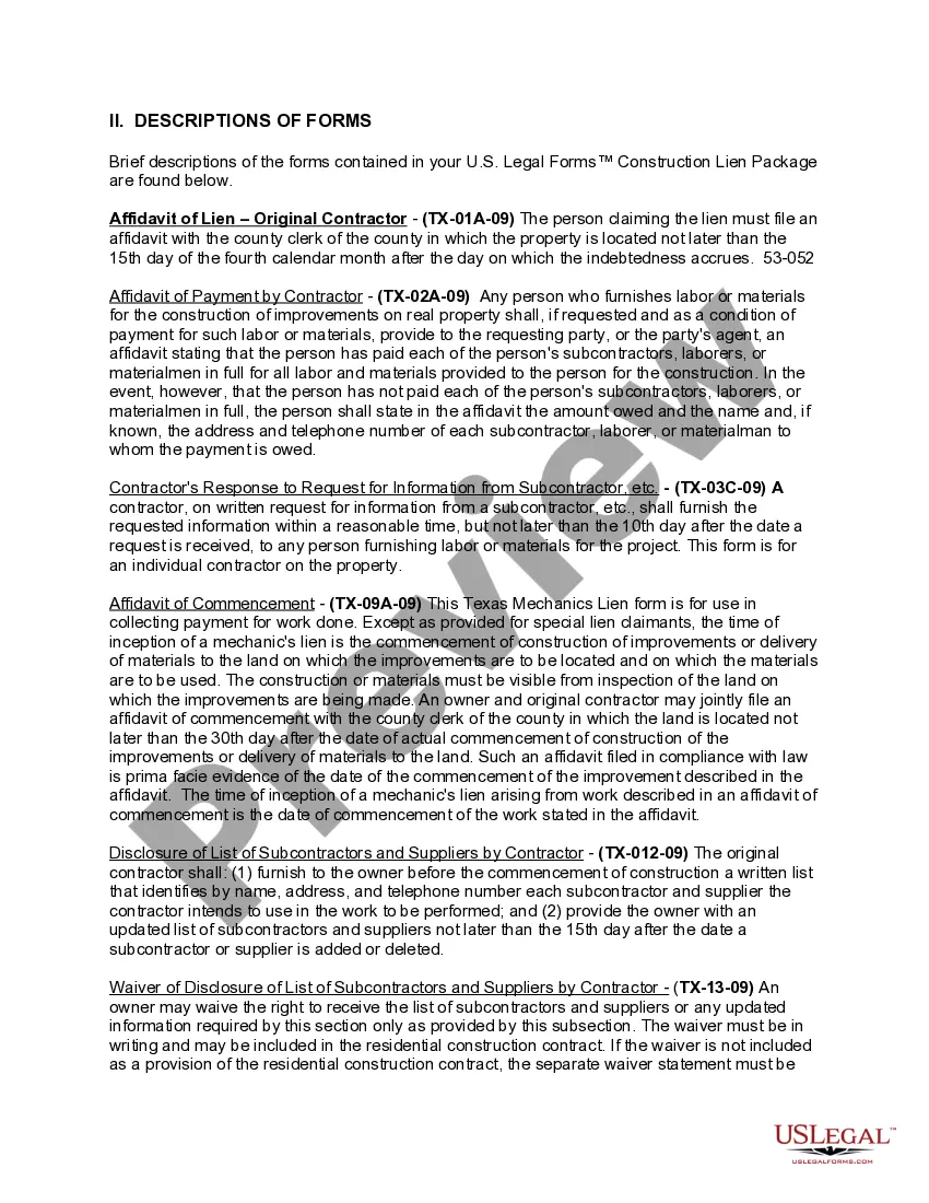 Preview Texas Construction or Mechanics Lien Package - Corporation or LLC