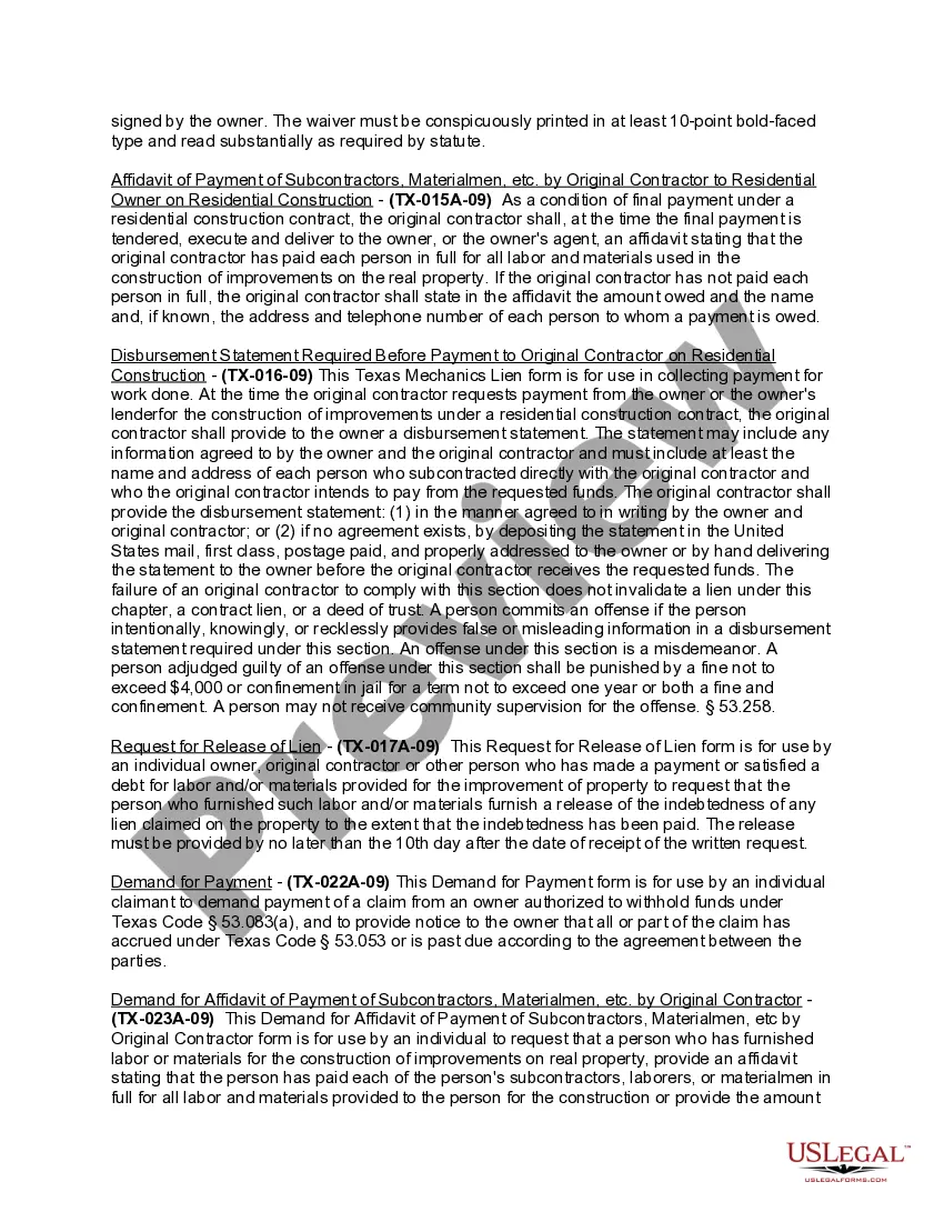 Preview Texas Construction or Mechanics Lien Package - Corporation or LLC