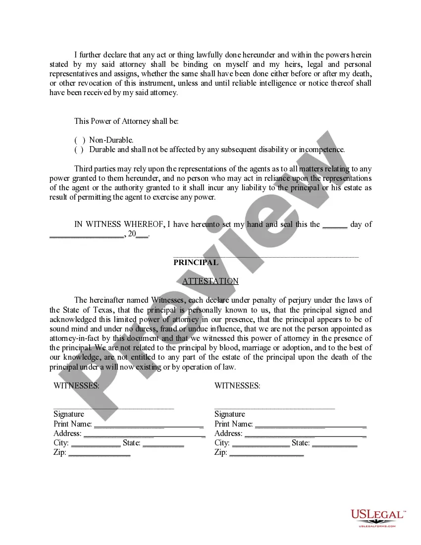 Preview Limited Power of Attorney where you Specify Powers with Sample Powers Included