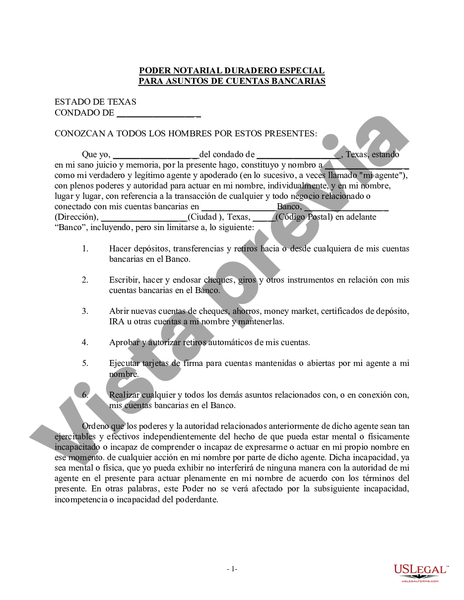 Texas Poder Especial Duradero Para Asuntos De Cuentas Bancarias Us Legal Forms 4089