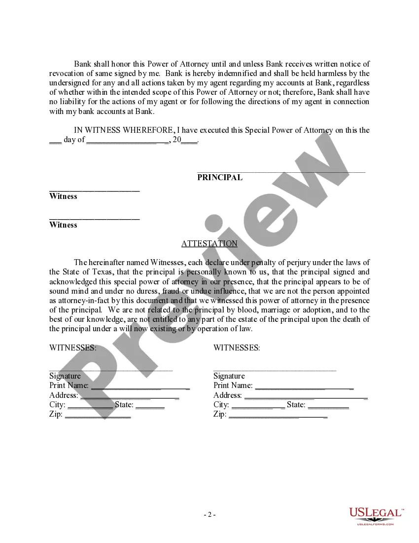 Preview Special Durable Power of Attorney for Bank Account Matters