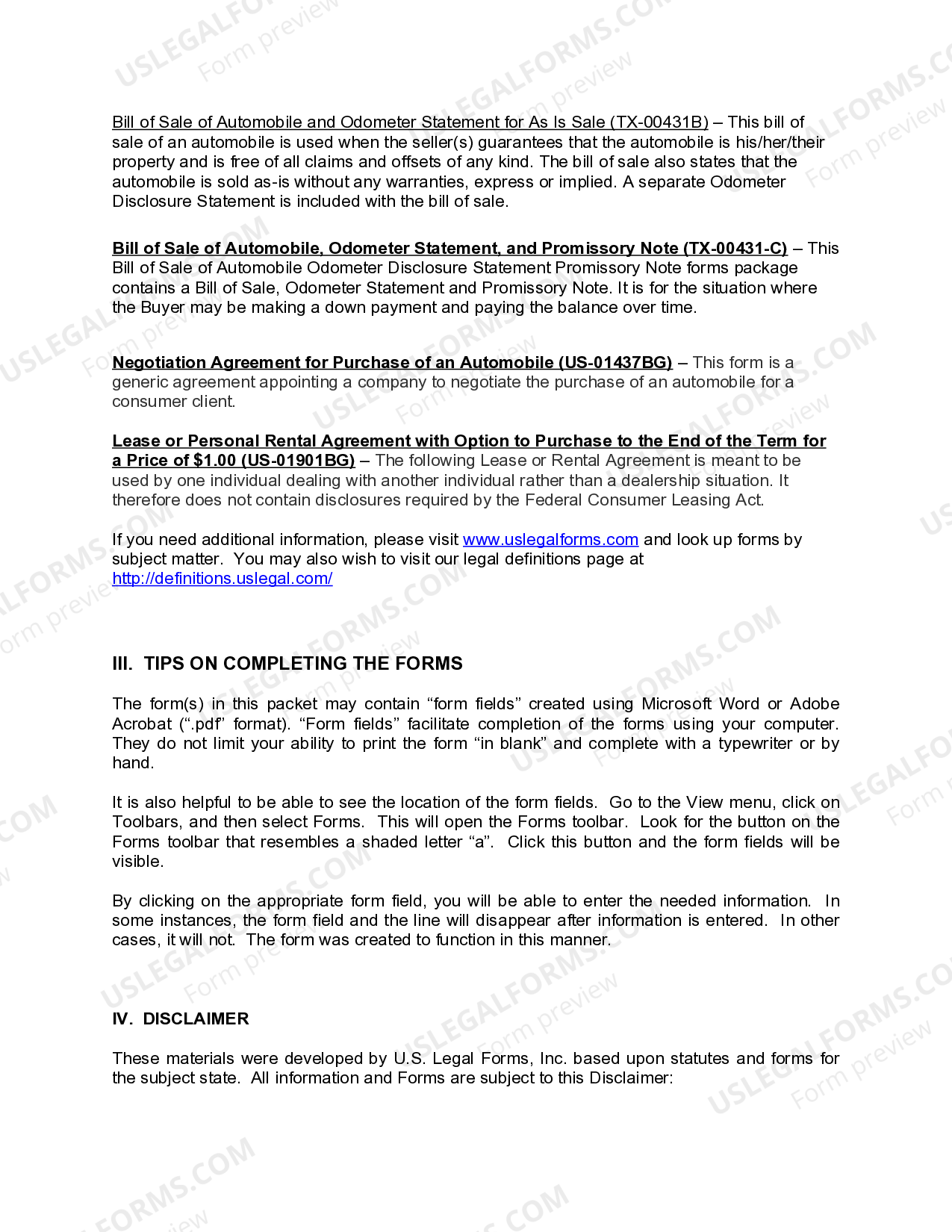 Texas Automobile Bill of Sale Package Texas Automobile Sale US