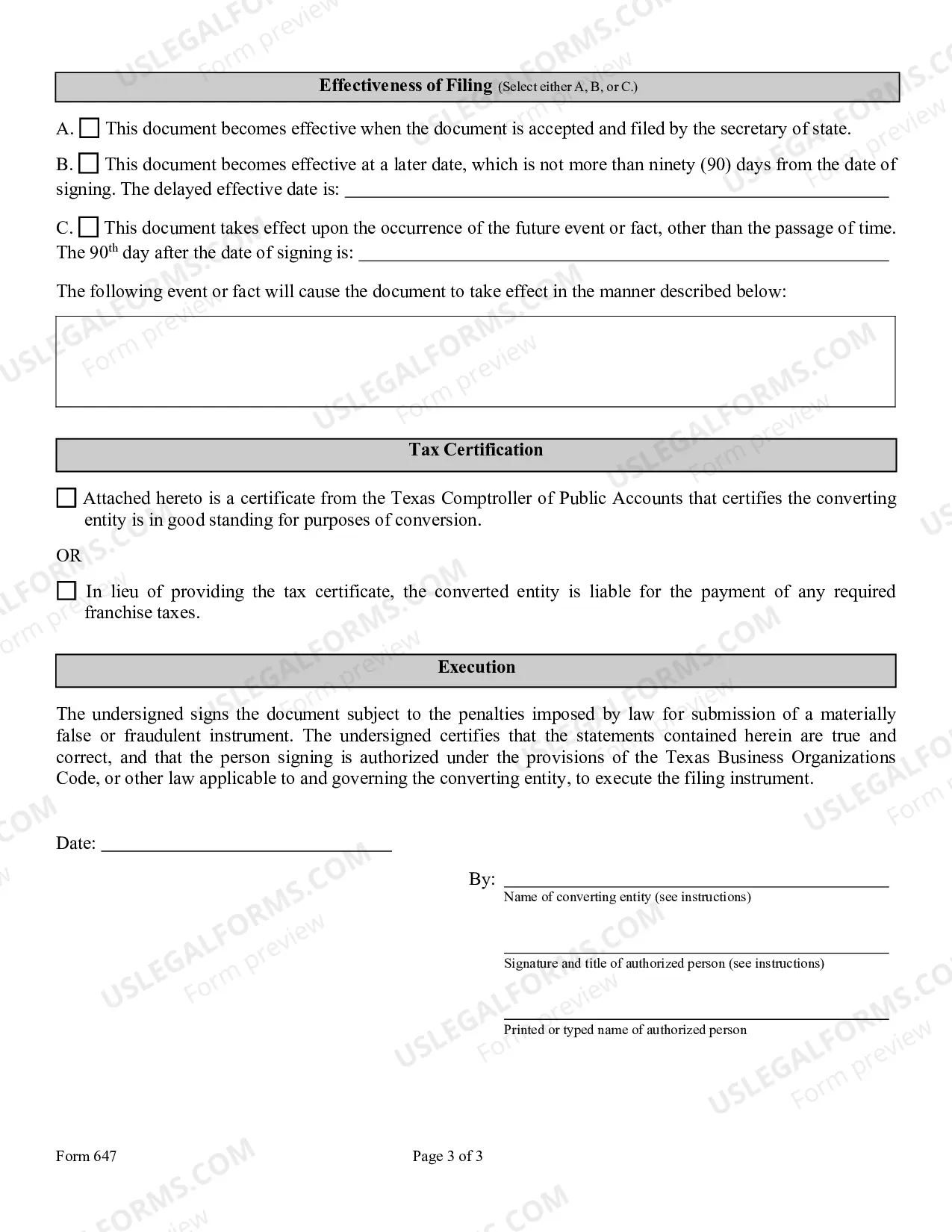 Preview Information on Converting a Foreign Entity to a Texas Filing Entity- Summary of requirements under the Texas Business Organizations Code with checklist.Rev. 05-11(# of pages - 2)