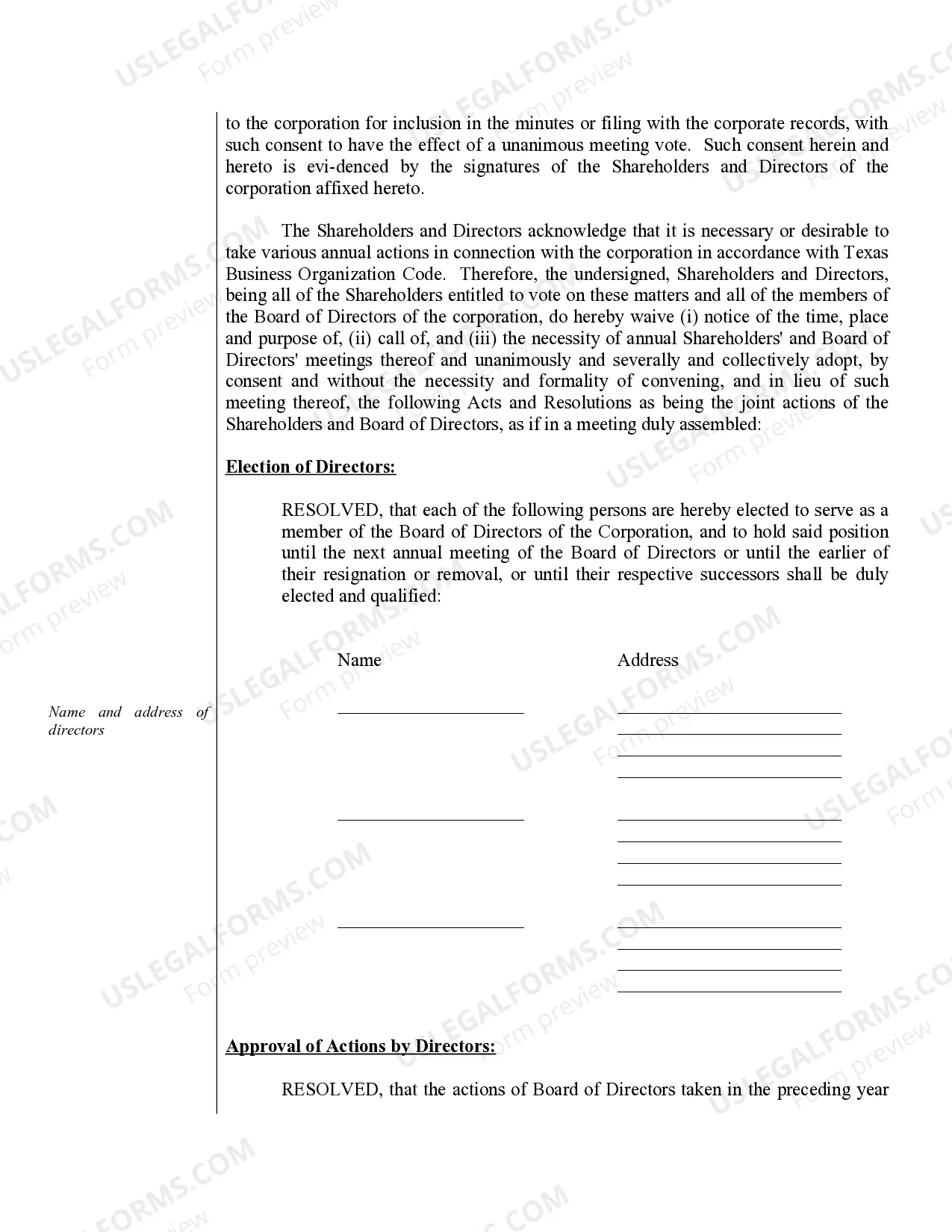 Preview Annual Minutes for a Texas Professional Corporation