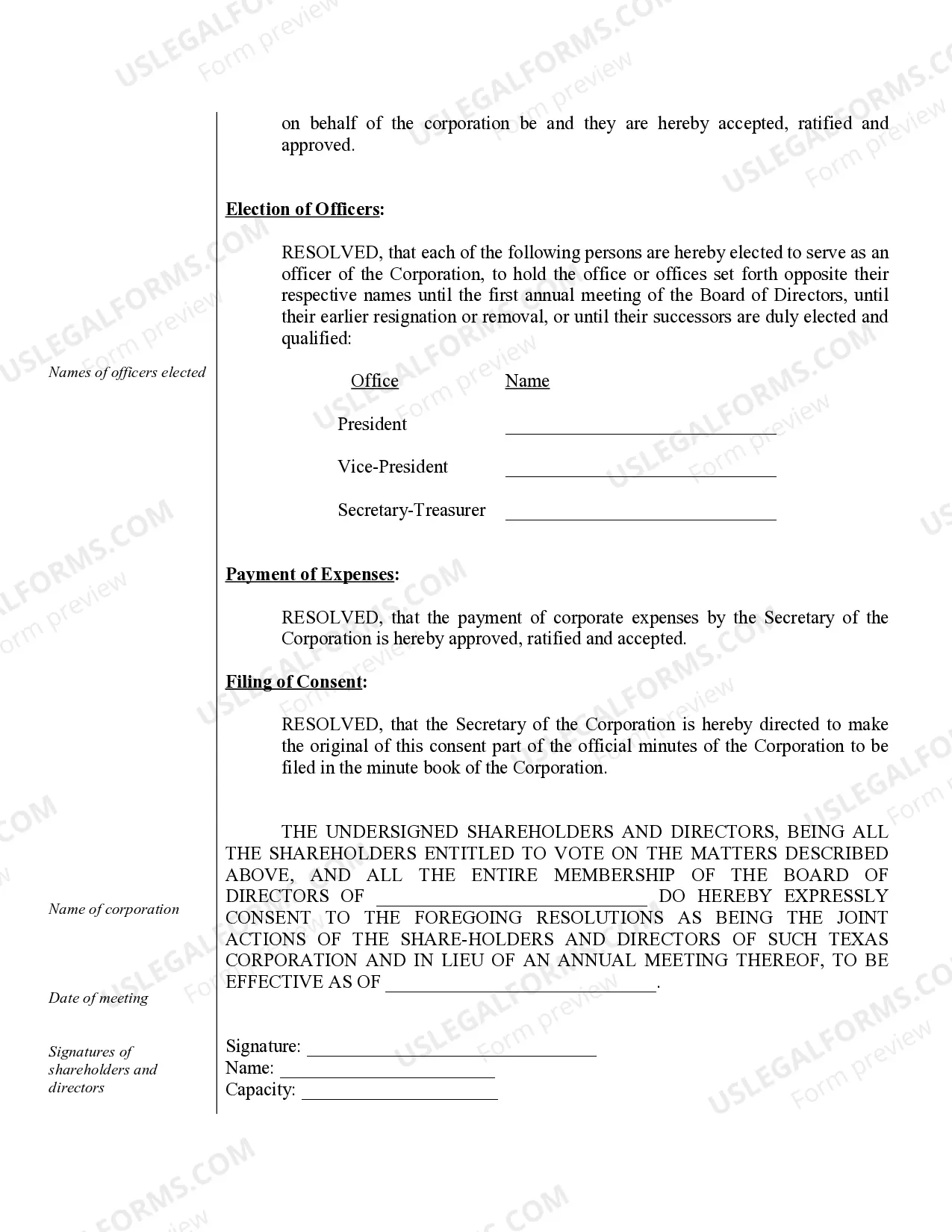 Preview Annual Minutes for a Texas Professional Corporation